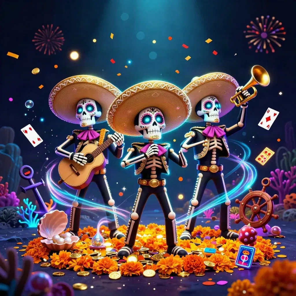 Three skeleton mariachi heroes in an underwater treasure cove with coins, coral, and glowing casino effects.