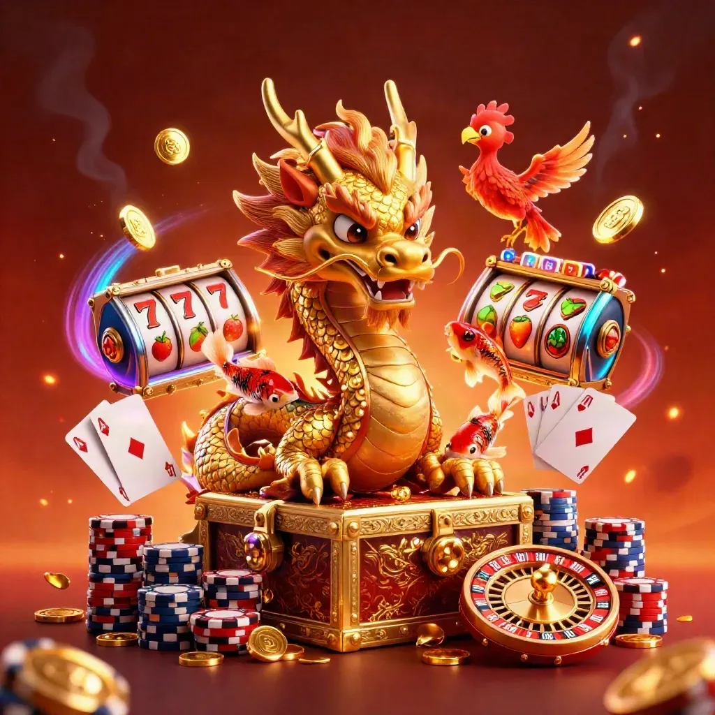 Golden dragon, phoenix, koi and casino treasures explode in neon casino splash art.