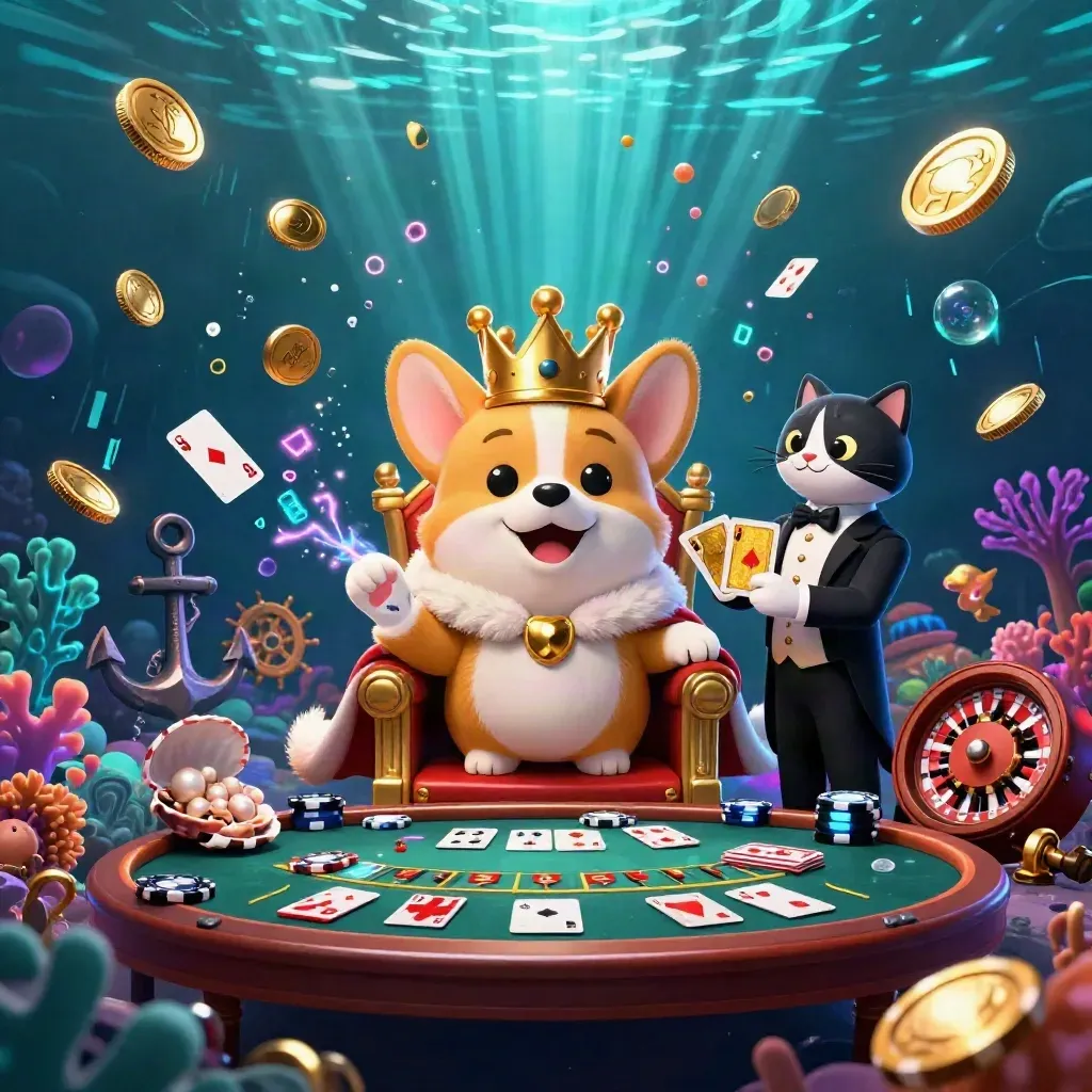 Royal corgi and cat butler amid underwater casino treasures, neon coins, cards, and fireworks