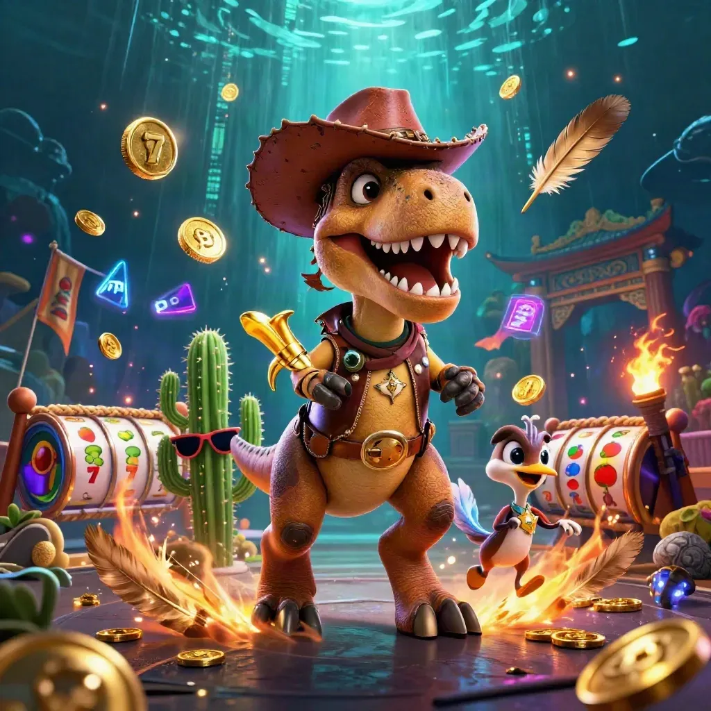 Cowboy T-Rex trio with casino effects, coins, slot reels, and neon glow in a premium square tile