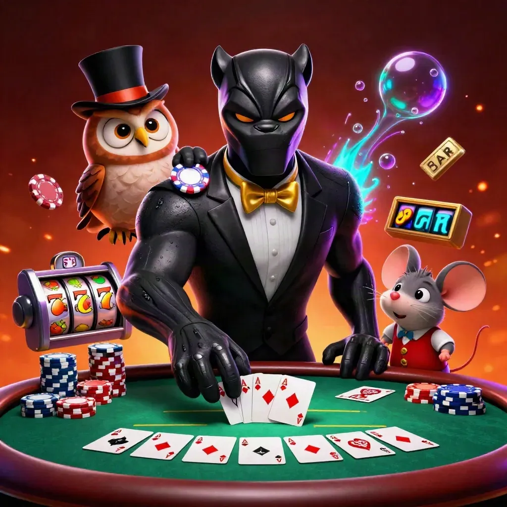 Panther, owl, and mouse in neon casino action with chips, cards, and slot reels.