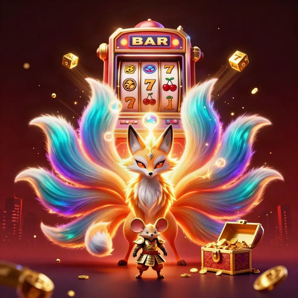 Neon nine-tailed fox spirit with armored mouse, slot symbols, gold, and jackpot rays.