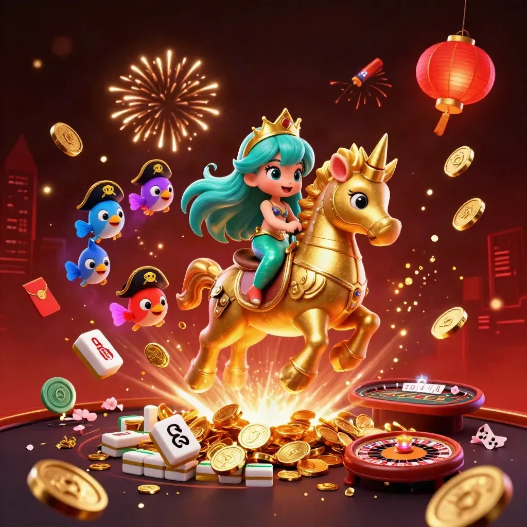 Mermaid princess on golden seahorse amid coins, fireworks, lanterns, and casino rewards