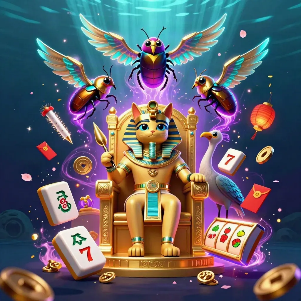Pharaoh cat, ibis scribe, and gem scarabs amid casino symbols in a neon underwater scene.