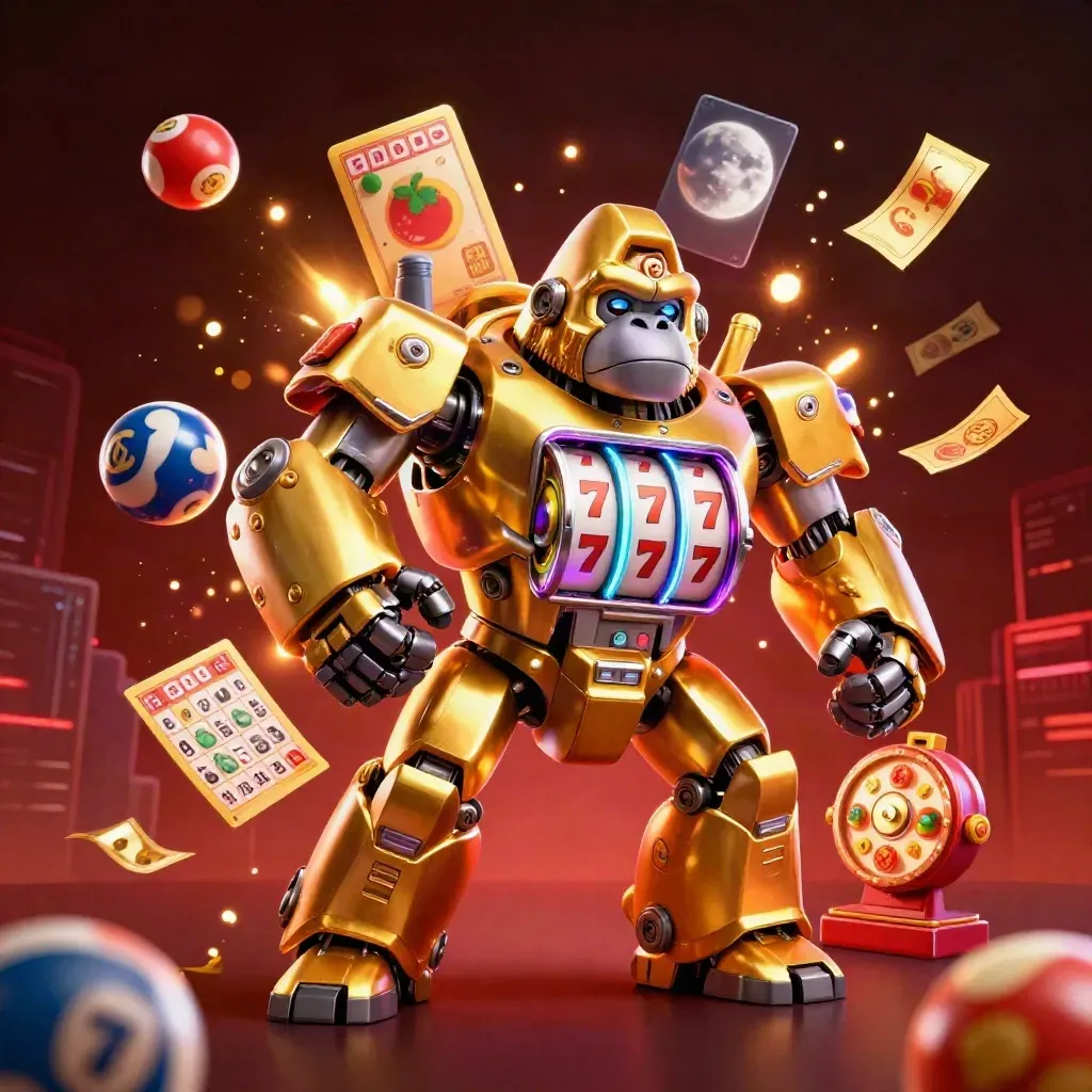 Golden gorilla slot-mech with monkey pilot amid casino reels, balls, wheel, and gold sparks