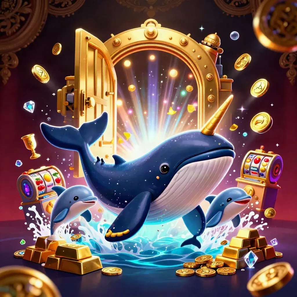 Whale captain, narwhal, and dolphins burst from coins amid gold, gems, and neon casino glow.