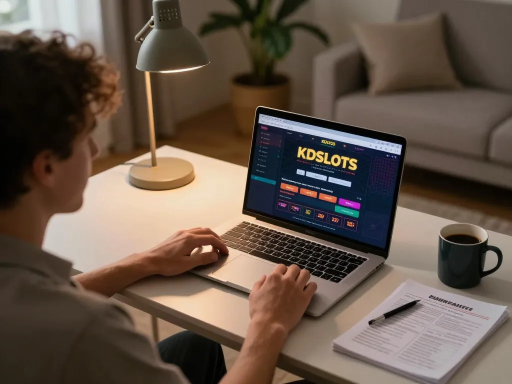 KDslots user engaging in responsible online gaming at home with laptop and strategy notes