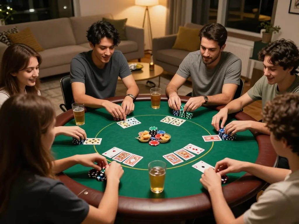 Players enjoying a lively poker game night at home showcasing strategy and fun, featuring 789p themed decor.