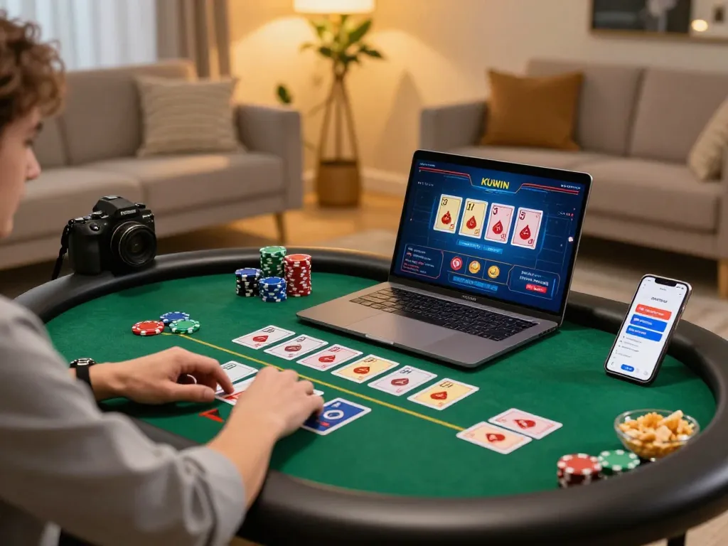 Kuwin player engaging in an online poker game with a vibrant setup, showcasing strategy and comfort.