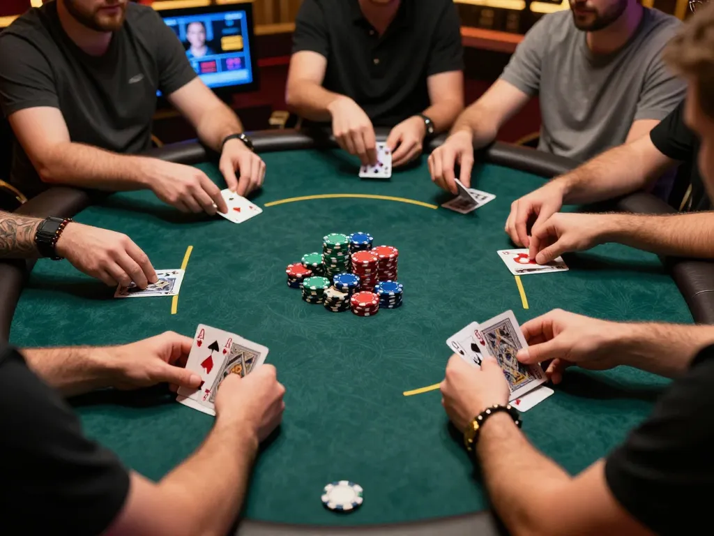 Engaging in a strategic online poker game at lucky88, players interact with glowing screens and stacks of chips.