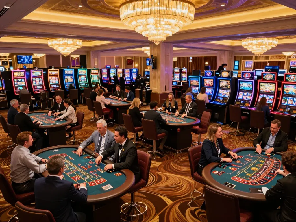 Dynamic casino floor scene showing players engaged in games, engholmnds highlights thrill of gambling.