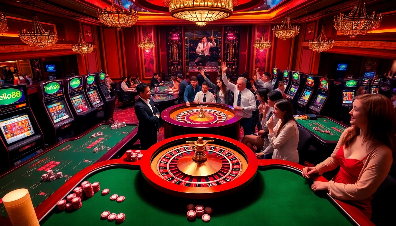 Hello88 gamblers celebrating wins at luxurious casino tables with vibrant slot machines.