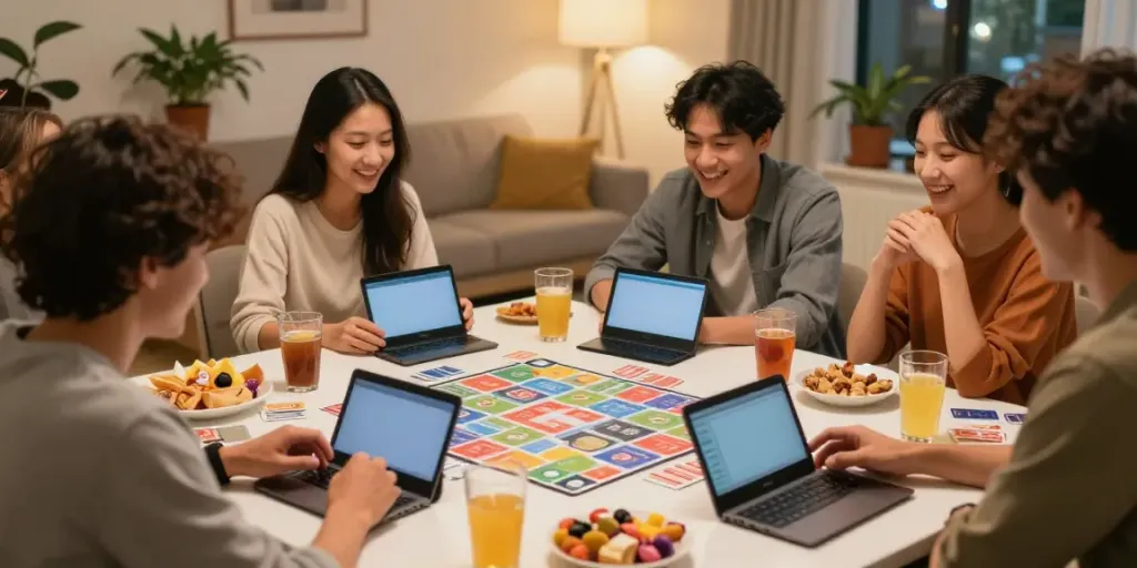 Excited player enjoying Rumble Rummy on mobile with friends in cozy setting.