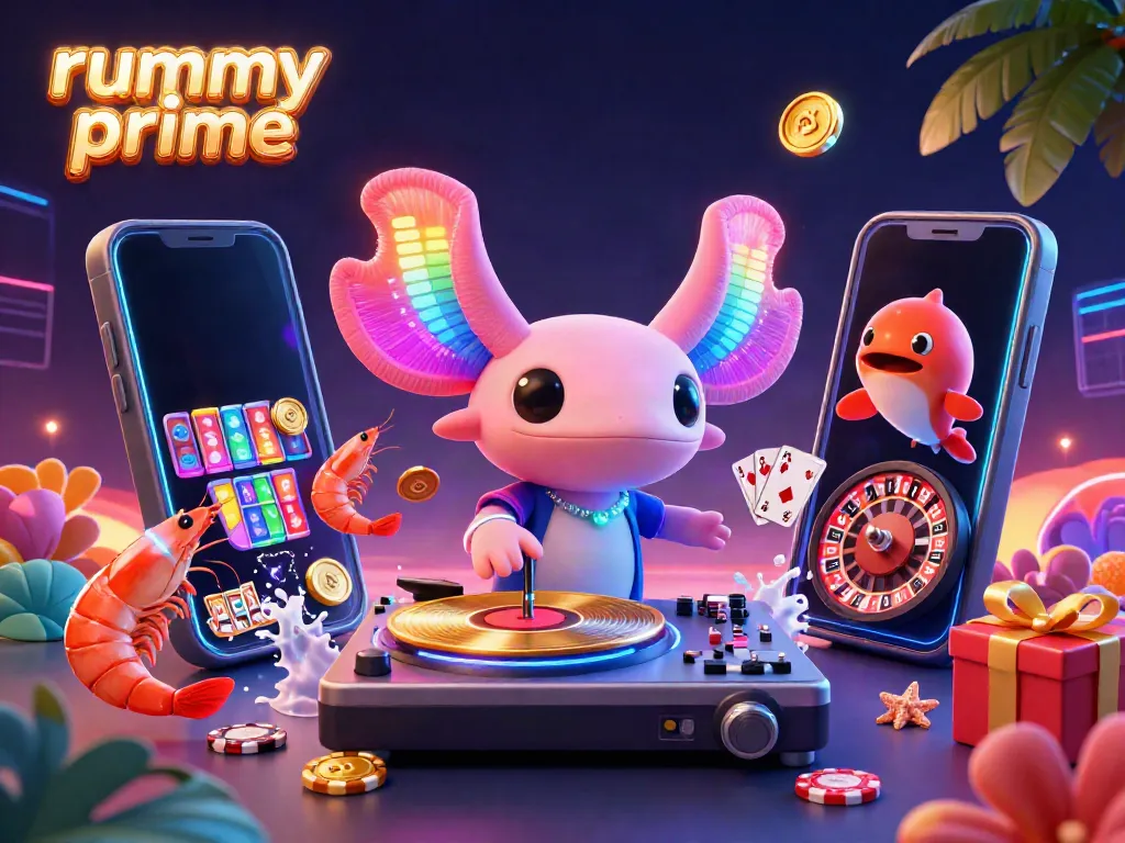 Engage with rummy prime in an energetic scene featuring a neon axolotl DJ and vibrant gaming elements.