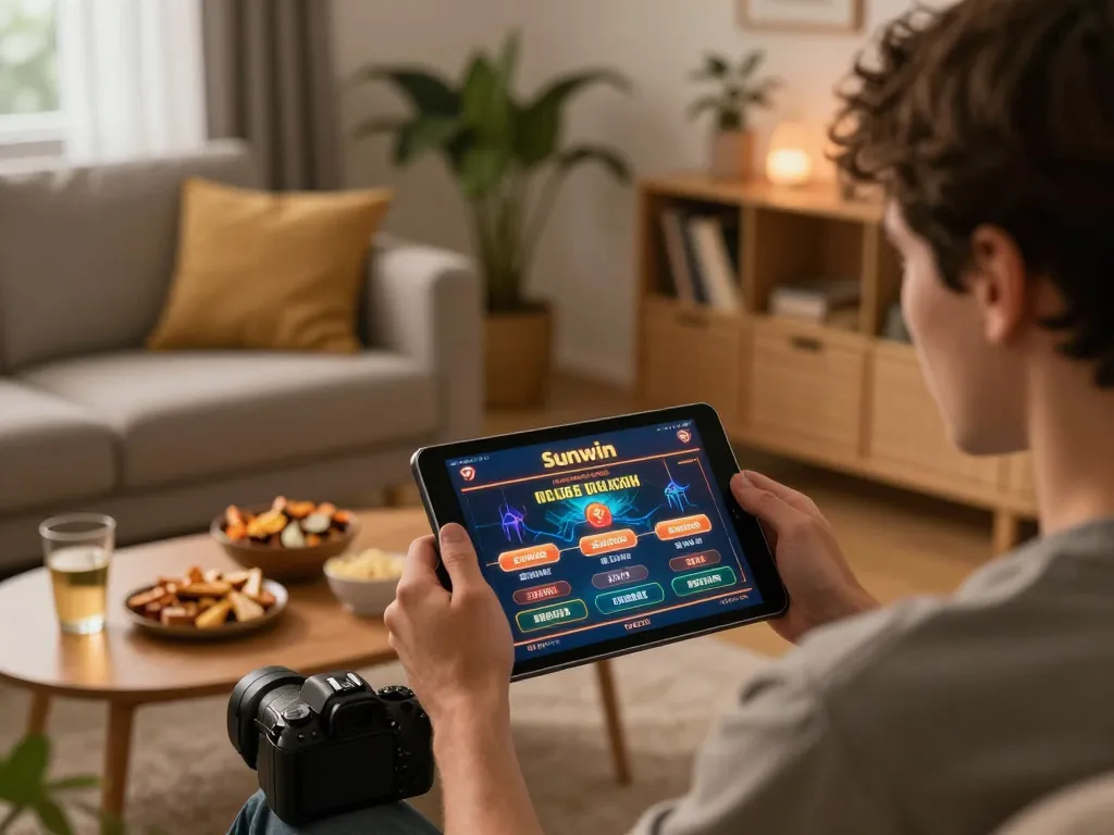 Player enjoying sunwin online casino gaming on tablet in a cozy living room, highlighting responsible gambling.