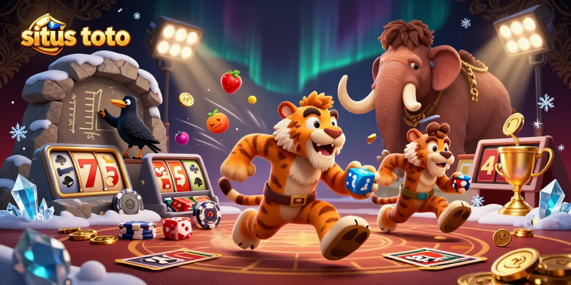 Situs toto showcases energetic gaming with the caveman and tiger duo in a vibrant prehistoric casino scene.