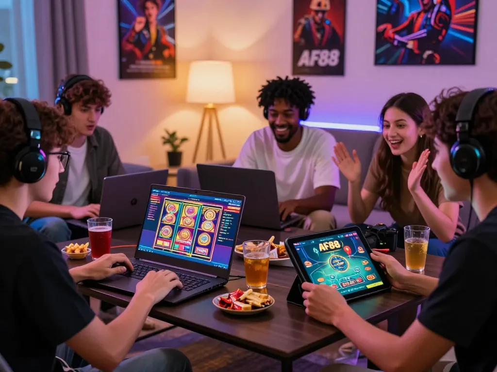 Engaging AF88 link gaming scene with friends playing online slots and watching live casino games.