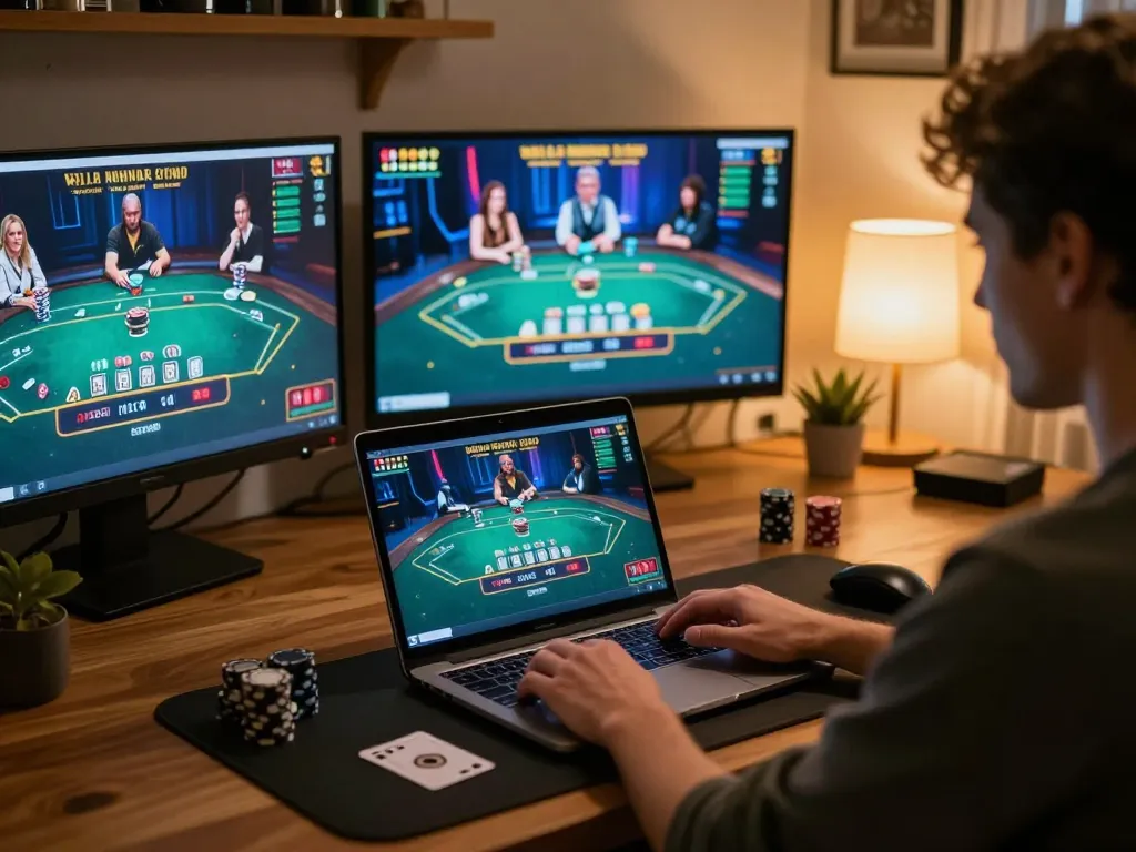 A player strategizing on f8beta2 while engaged in live dealer blackjack from a cozy home office.