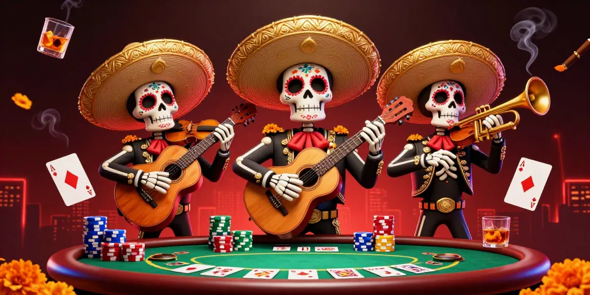 Engage with mb88aa's vibrant gaming scene featuring 3D skeleton mariachi band and casino elements.
