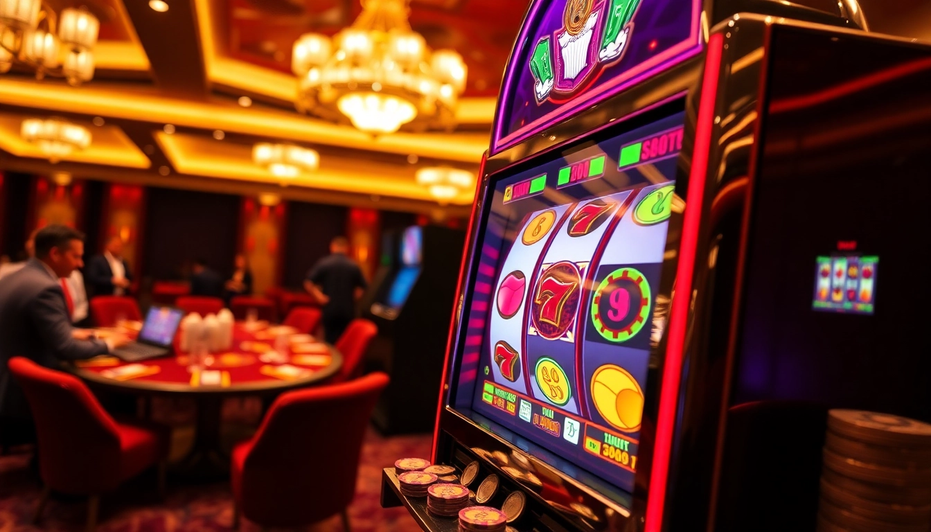 Mesin slot yang menarik berputar di lingkungan kasino yang hidup.