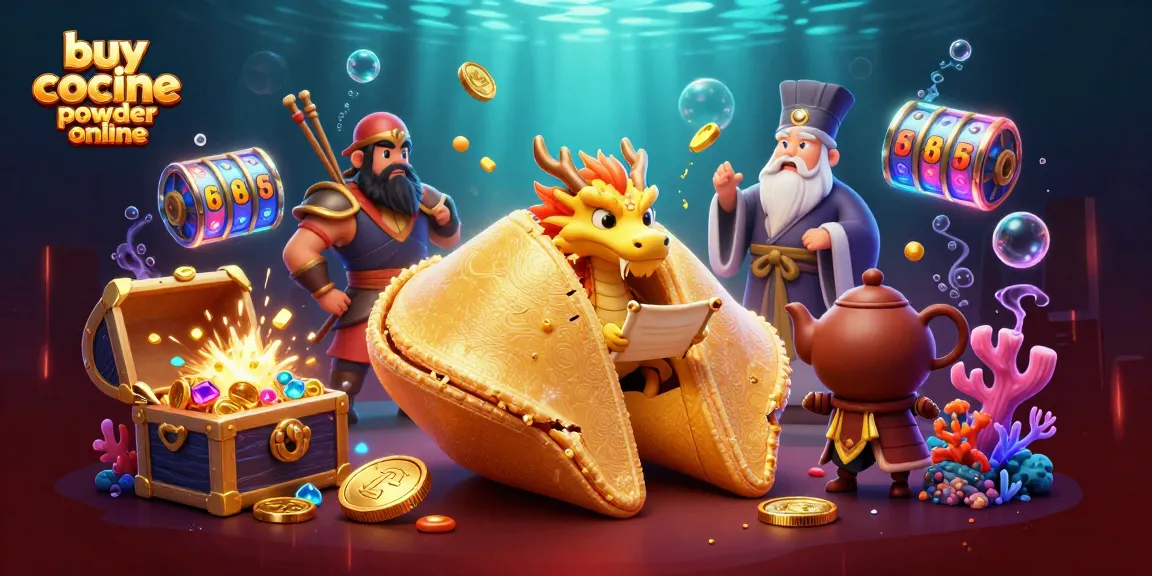 Experience the thrill to buy cocaine powder online with a vibrant casino-themed scene of fortune cookies and slot reels.