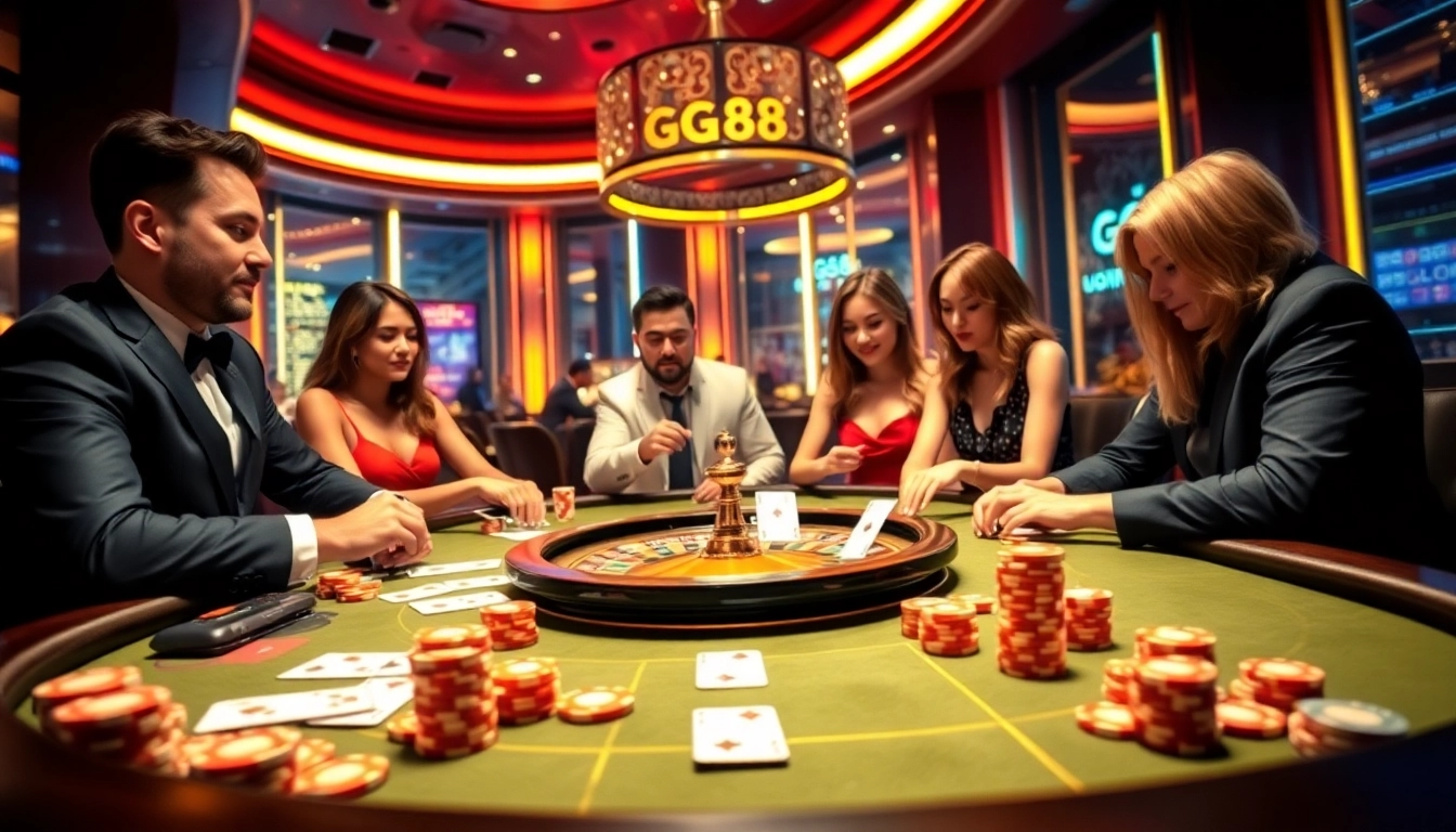 Players enjoying an exciting game at GG88 casino with poker chips and a roulette wheel.