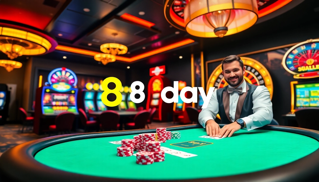 Experience the thrill of 8day at a vibrant casino table with poker chips and cards.