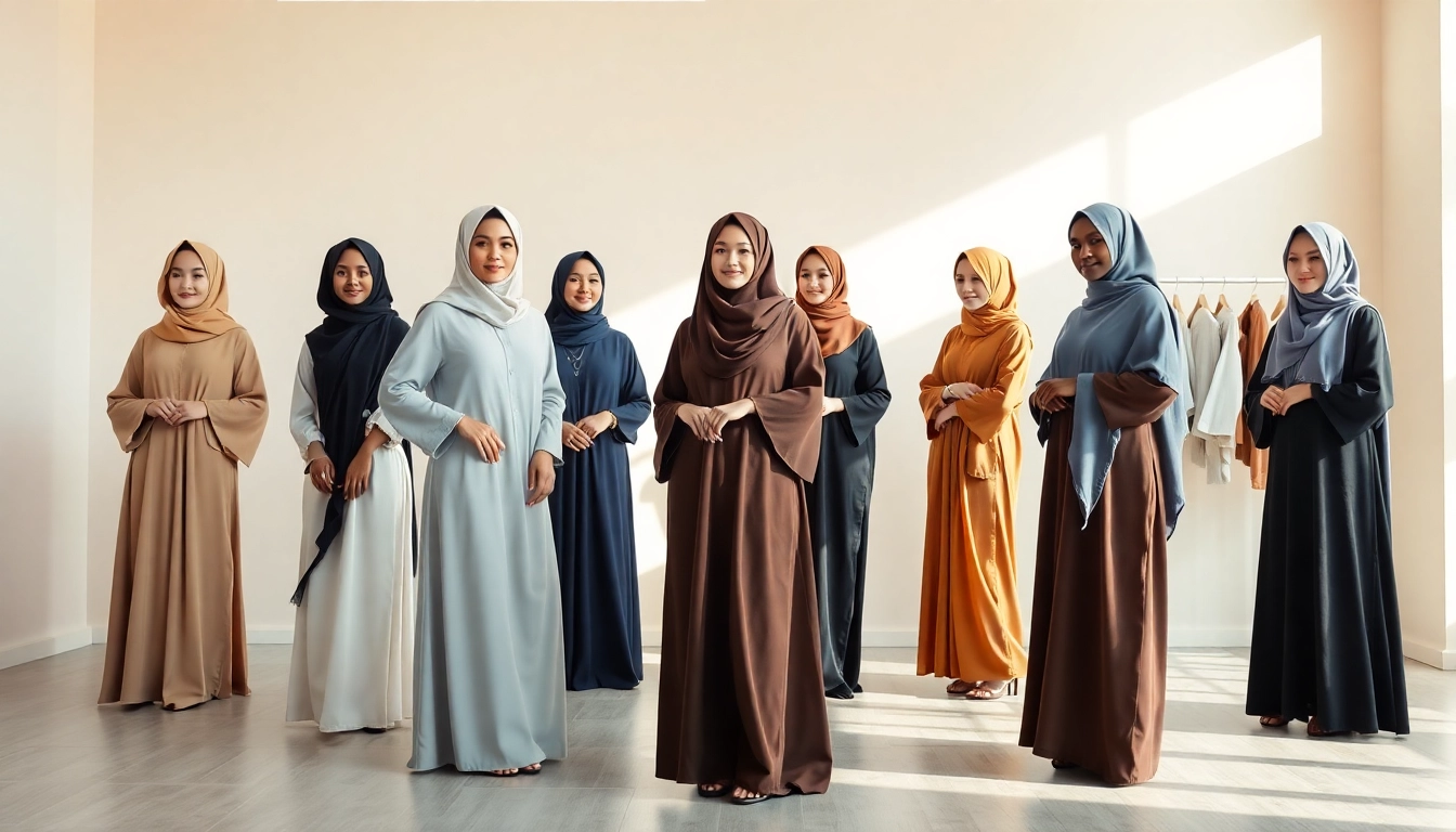 Elegant showcase by a modest clothing manufacturer featuring diverse abayas in a serene atmosphere.