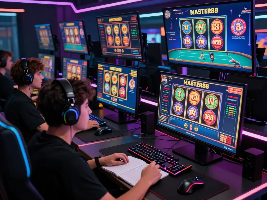 pemain terlibat dalam permainan online MASTER88 dengan beberapa layar yang menampilkan aksi dan strategi
