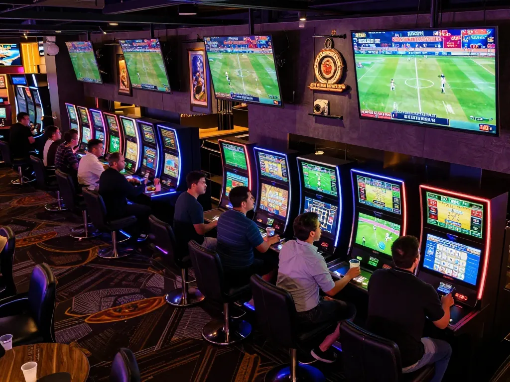 Patrons placing bets at VB88 sports betting lounge, surrounded by screens displaying live events.
