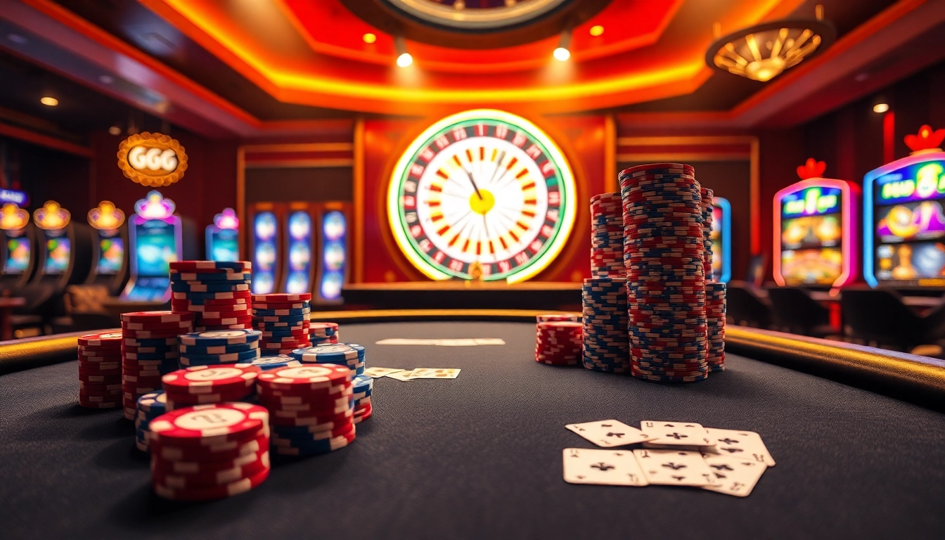 Poker chips and a roulette wheel showcase the excitement of GK88LIVE.IT.COM in a luxurious casino setting.