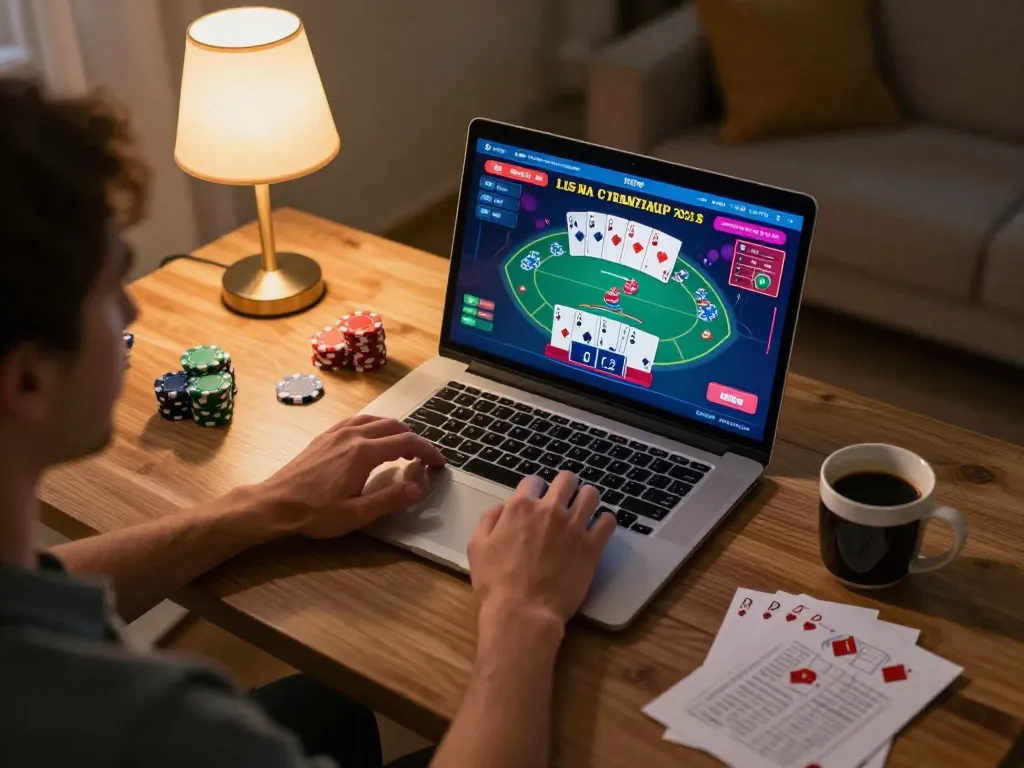 Player engaged with poker on a laptop, showcasing online gaming experience with du88 strategy.