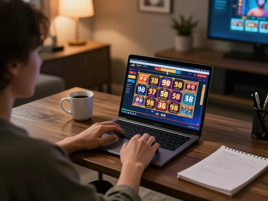 Player enjoying 98 win online casino gaming with immersive visual setup and strategic notes