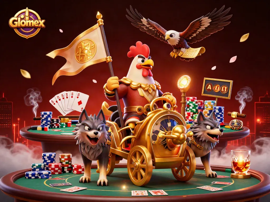 Glomex invades the casino scene, showing a lively poker table battle with colorful chips.