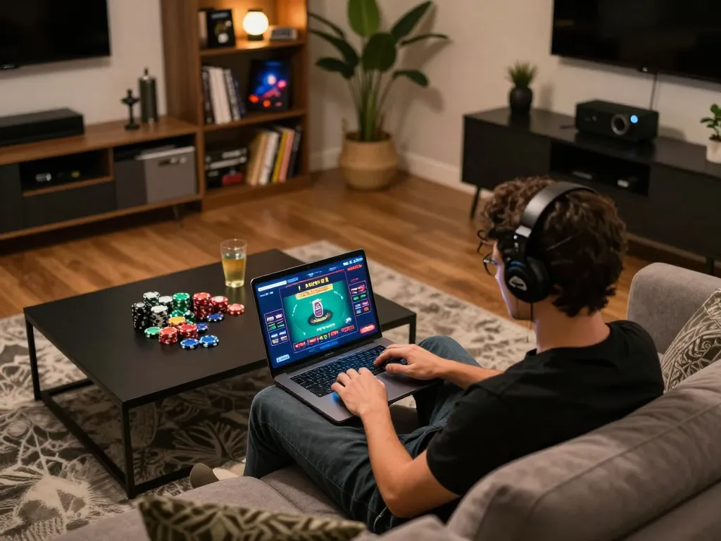 Person playing online poker at home on urbanchandy laptop, surrounded by colorful chips and strategy guides.