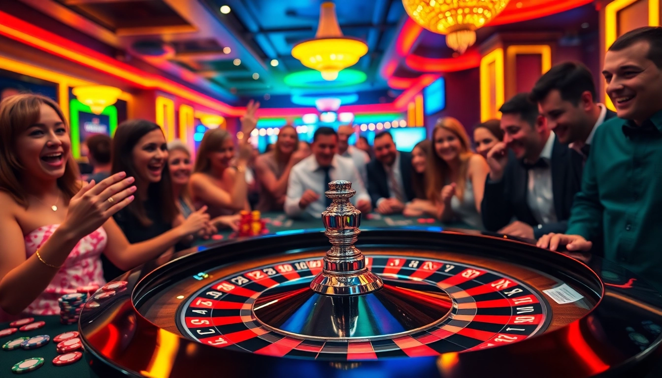 Casino players eager at the roulette table, illuminated by lively neon lights.