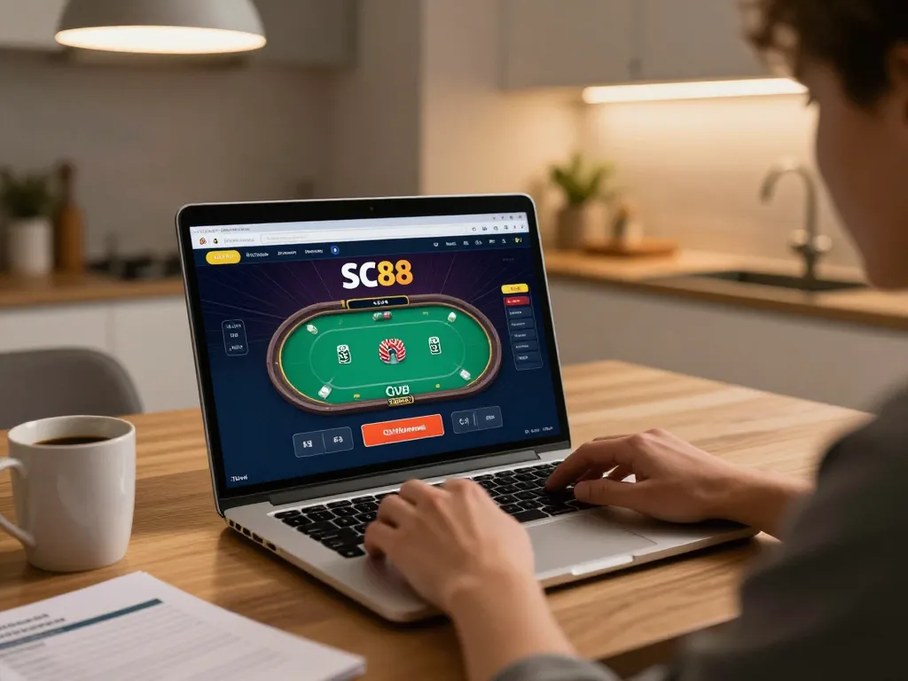 Play poker on the SC88 platform from home, showcasing a player in action.