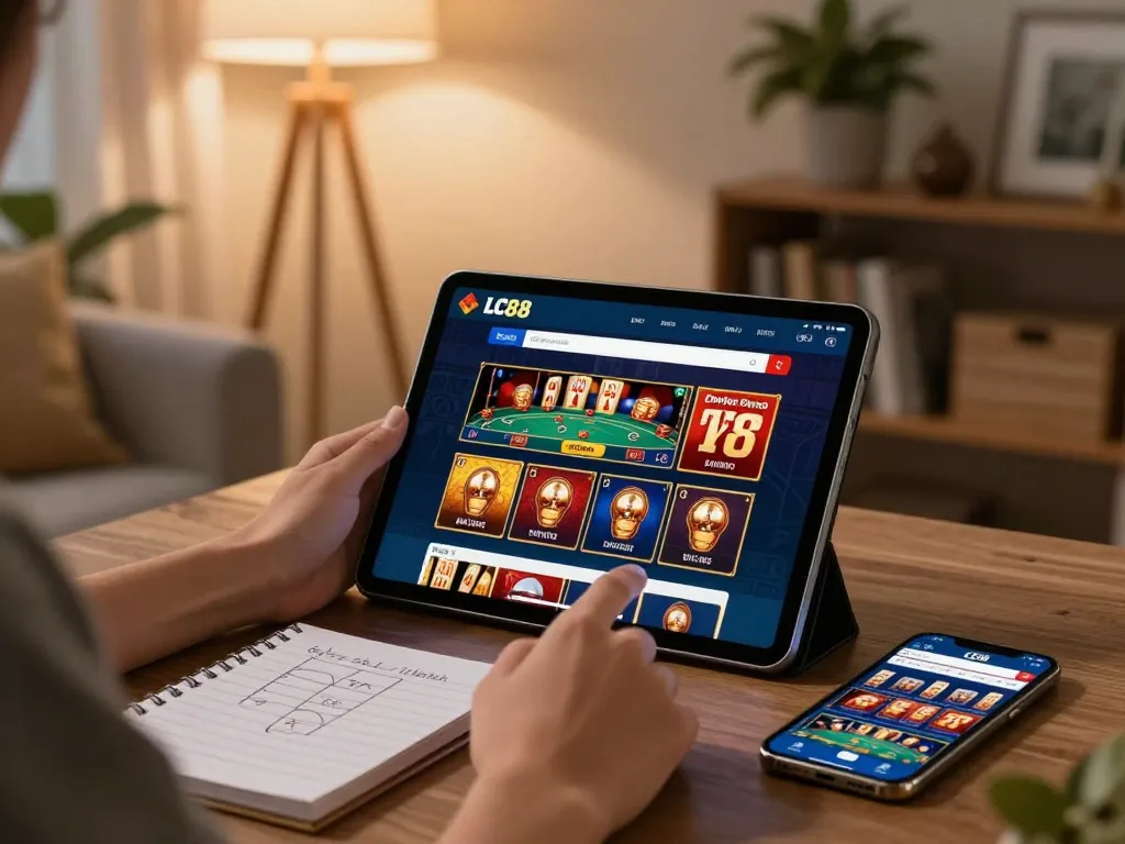 Engaging with LC88 casino app on a tablet for online gaming strategy at home