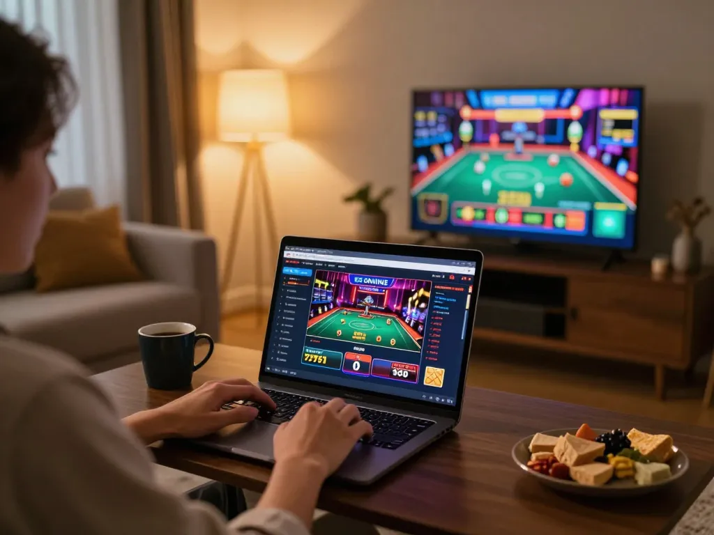 Engaged player enjoying online O8 casino gaming experience on laptop from home.