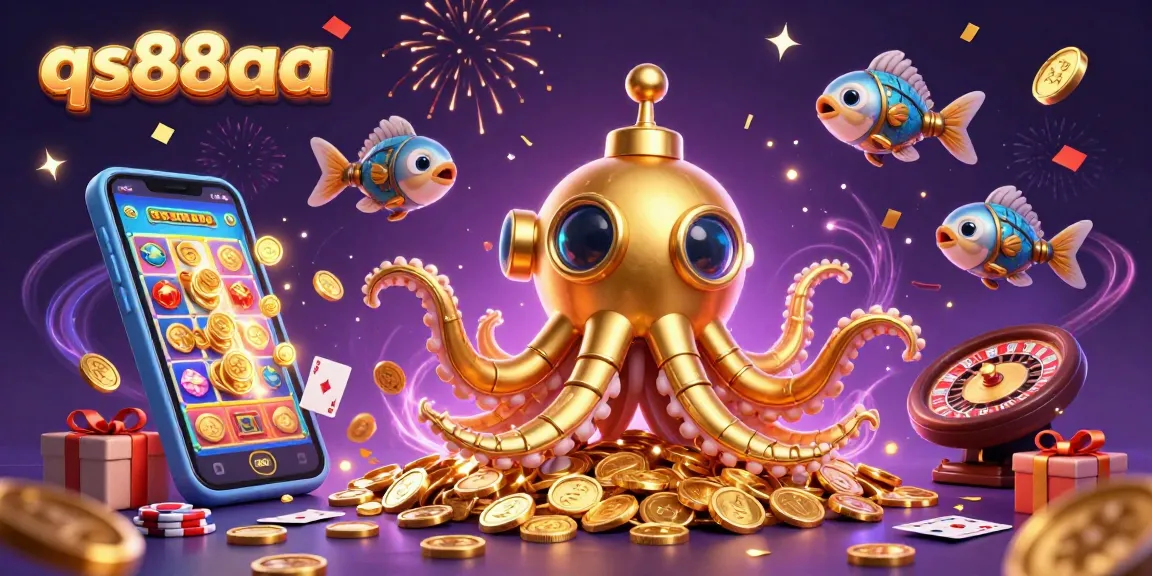 Experience thrilling gaming adventures with qs88aa, featuring a vibrant scene with a golden kraken and colorful slot games.