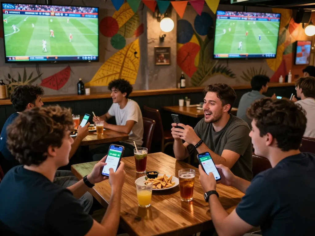 CakhiaTV users actively engaging in live sports betting using smartphones at a jubilant sports bar.