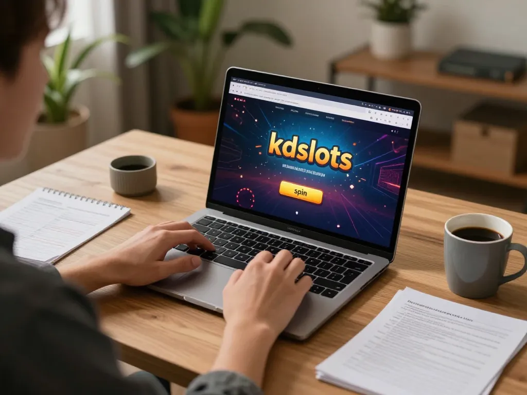 Play kdslots online with an immersive gaming setup featuring strategy notes and a laptop