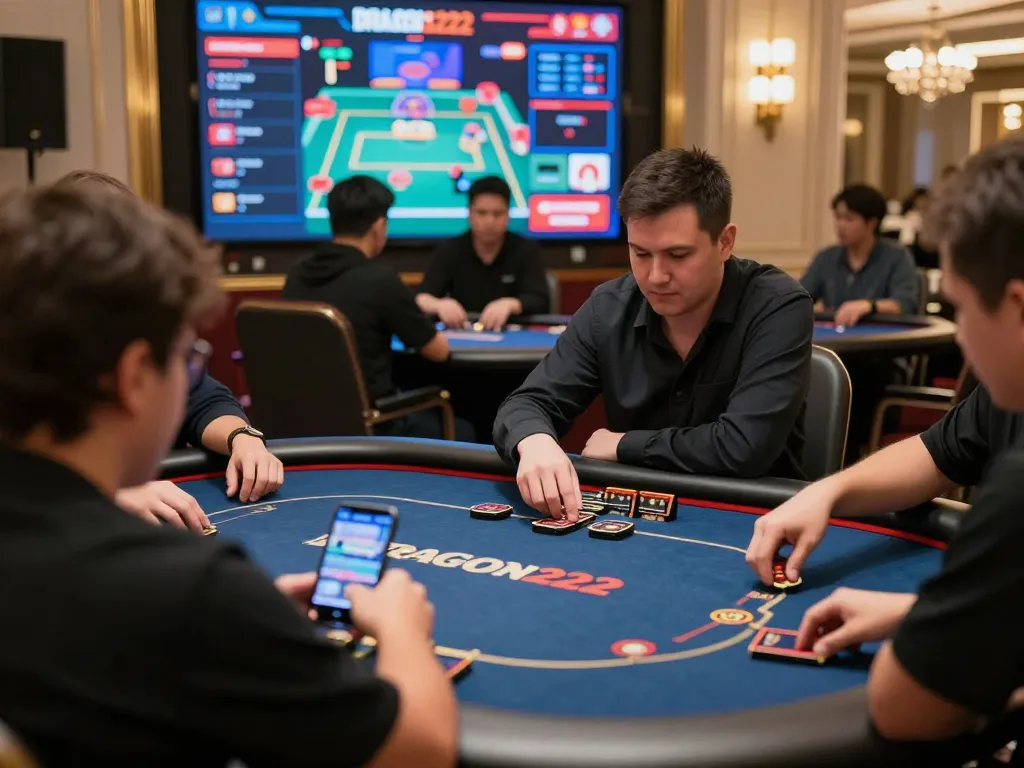 Players immersed in strategic gameplay on DRAGON222 online casino platform, showcasing competitive atmosphere and digital luxury
