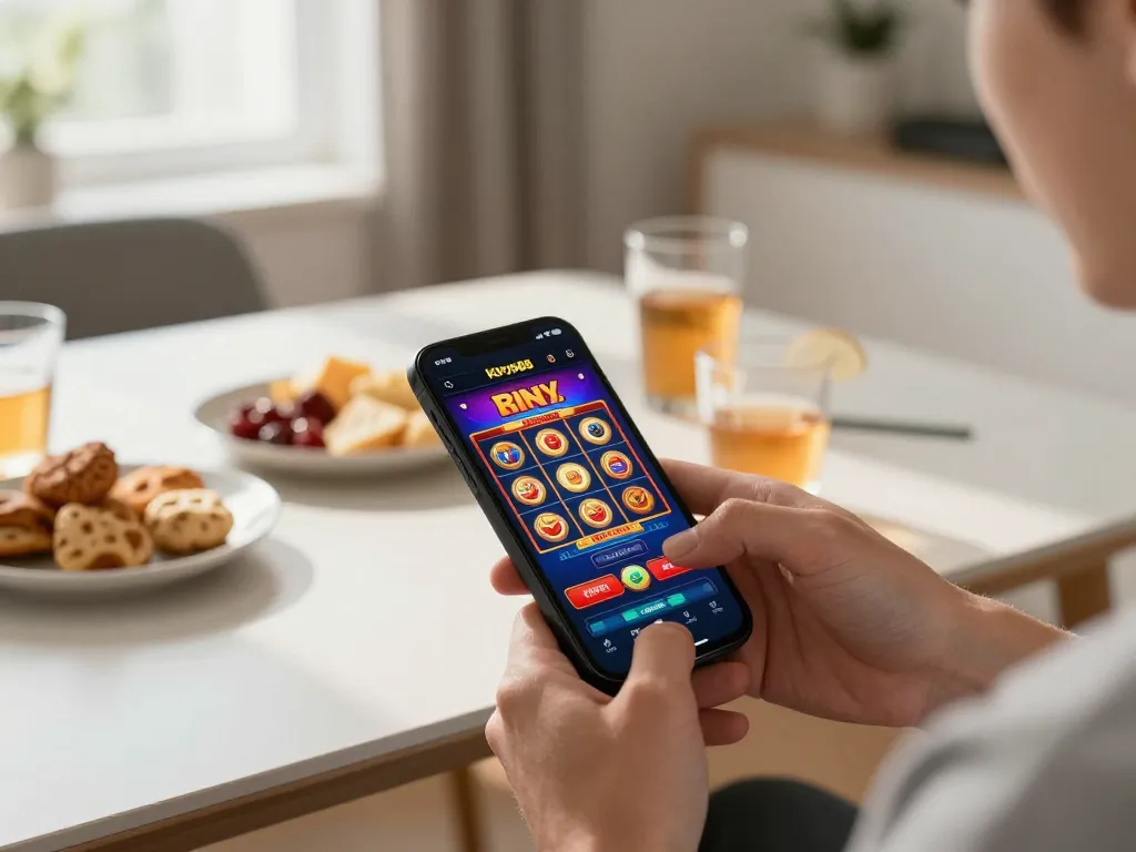 Pemain menikmati permainan slot tokyo88 di ponsel pintar di rumah, menampilkan interface aplikasi yang cerah.
