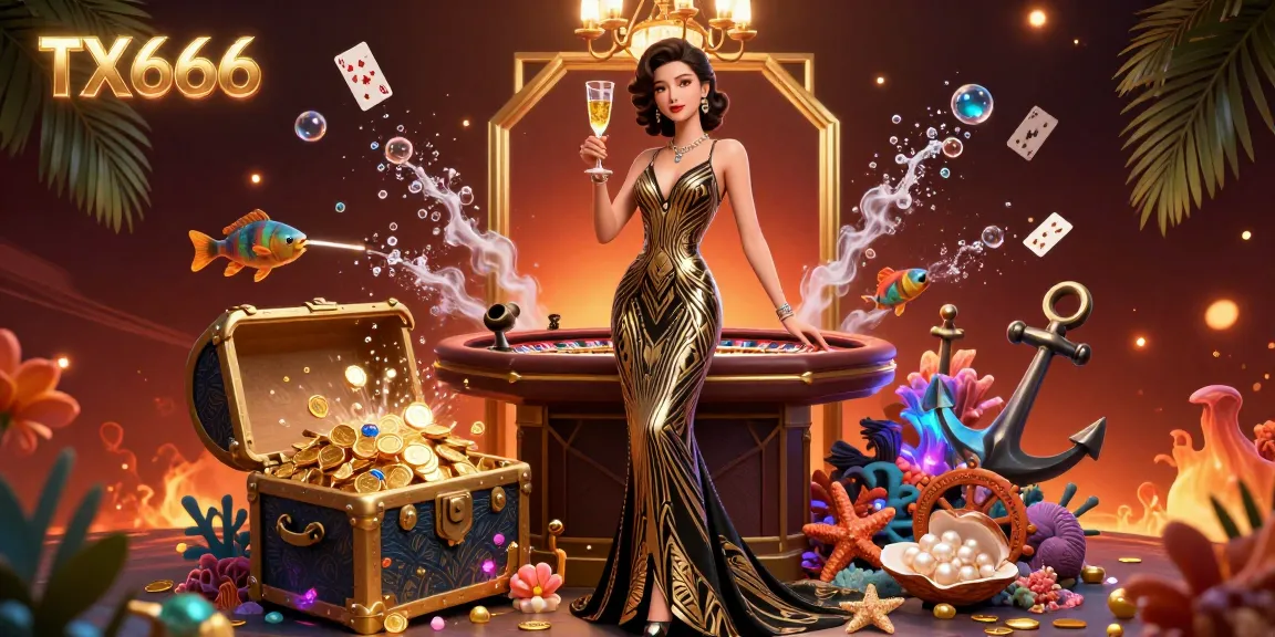 Experience thrilling gaming with TX666 featuring an elegant woman amidst luxurious elements and rich casino themes.