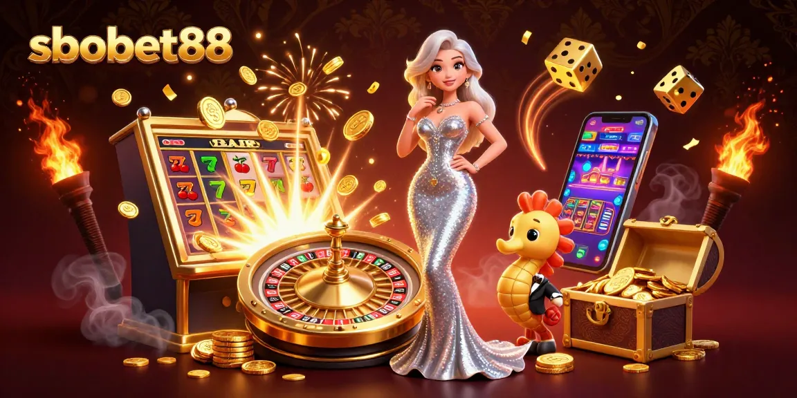 Simplify your sbobet88 experience; a captivating casino scene with vibrant characters and game elements.
