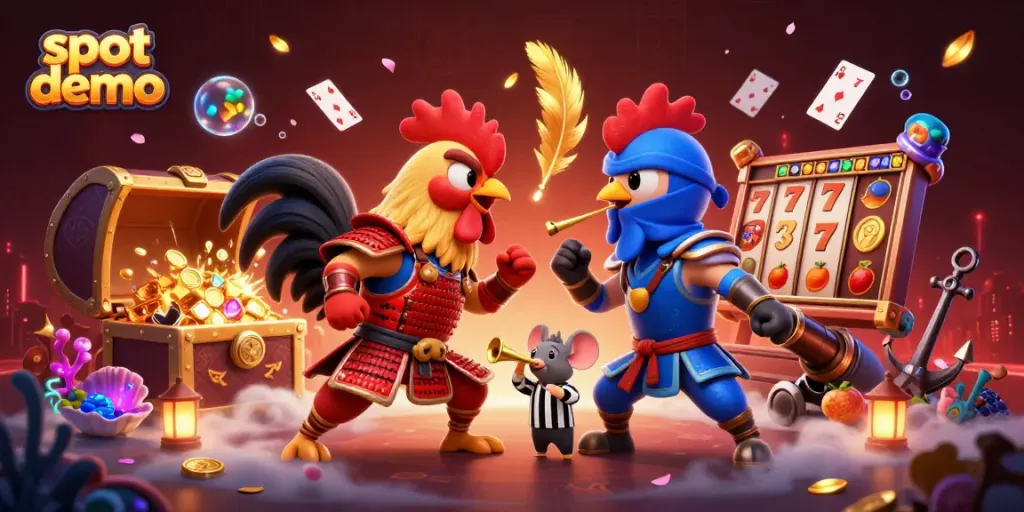 Putar slot demo dengan karakter ayam berkelahi dalam ilustrasi penuh warna dan detail.