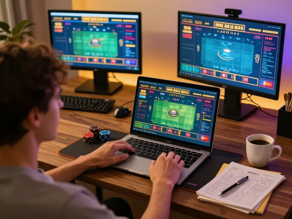 Engaging in gg88 online blackjack gameplay on a laptop with strategic notes.