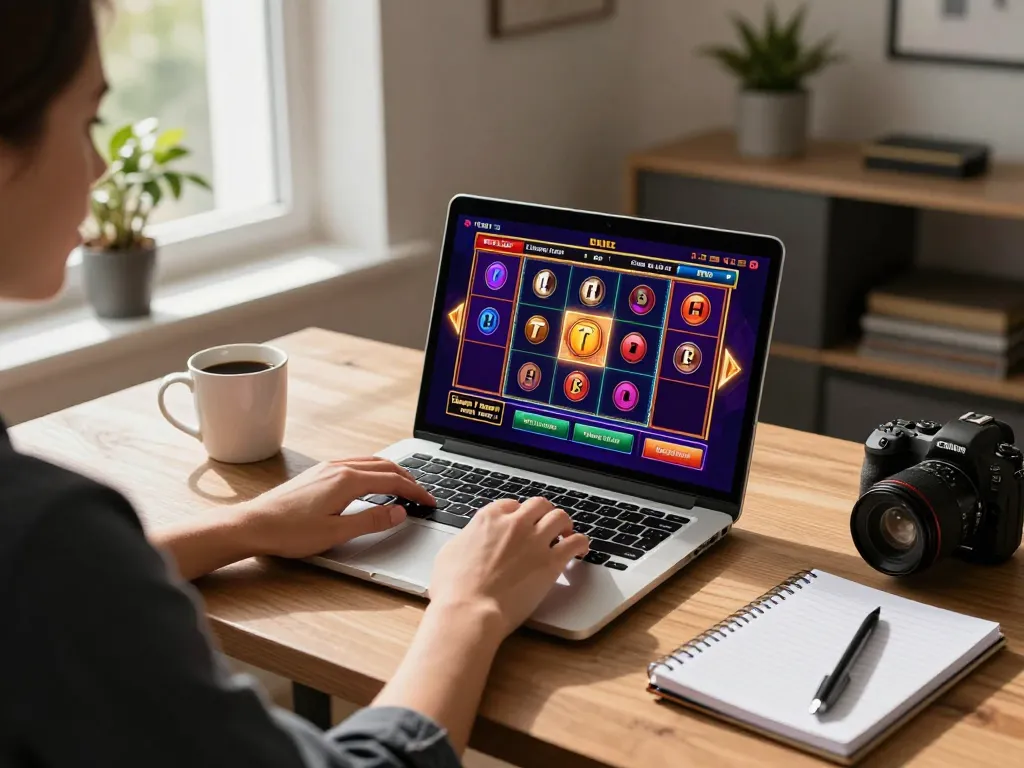 Player strategizing while engaging with the Black Scatter online slot game at a stylish home workspace.