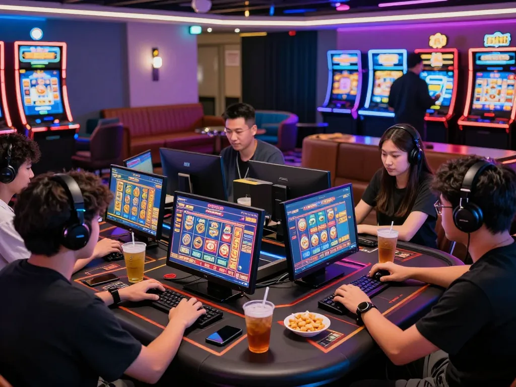 Adegan permainan yang menarik memperlihatkan pemain yang terlibat dengan situs slot gacor pada perangkat berwarna-warni dalam suasana lounge yang hidup.